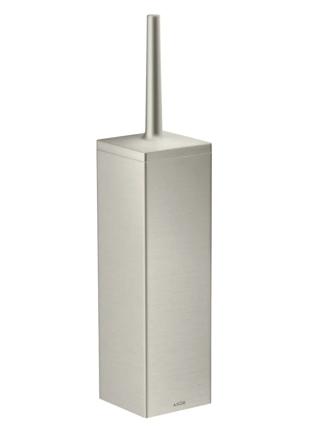 Toilettenbürstenhalter aus Metall in rechteckiger Form mit einer langen, schmalen Bürstenspitze, montiert an der Wand. Das Produkt trägt die Marke AXOR.